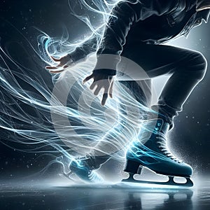 Back POV view ice skater shoe with energy flowing out, power concept