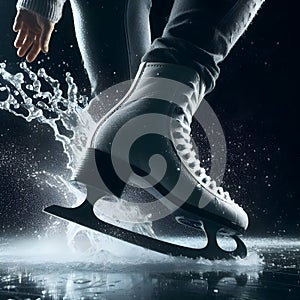 Back POV view ice skater shoe with water splash flowing out, power concept