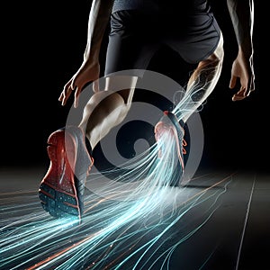 Back POV view running shoe with energy flowing out, power concept