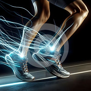 Back POV view running shoe with energy flowing out, power concept