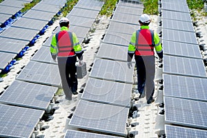 Back of professional with safety uniform walk on footpath along row of solar cell panels in workplace