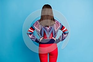 Back rear spine behind view photo of pretty young woman anonym incognito isolated over blue color background