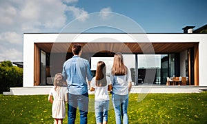 back, rear view of family with two 2 kids, children 4 four persons standing looking of new illuminated modern futuristic house