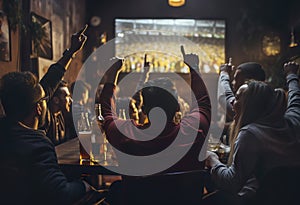 back, rear view of Group of young friends drinking beer watching football on tv green screen at sports bar. people watching a