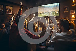 back, rear view of Group of young friends drinking beer watching football on tv screen at sports bar. people watching a match in a