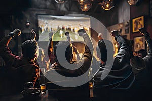 back, rear view of Group of young friends drinking beer watching football on tv screen at sports bar. people watching a match in a