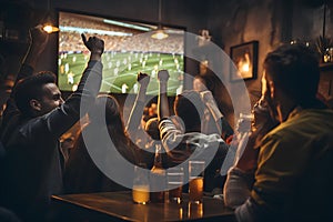 back, rear view of Group of young friends drinking beer watching football on tv screen at sports bar. people watching a match in a