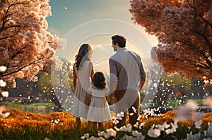 back, rear view of happy young family standing in spring park in blooming flowers, father, mother with little girl, daughter