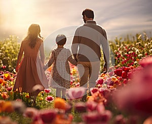 back, rear view of happy young family standing in spring park in blooming flowers, father, mother with little girl, daughter