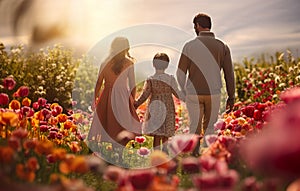 back, rear view of happy young family standing in spring park in blooming flowers, father, mother with little girl, daughter