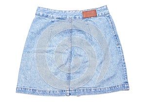 Back rear view of Jean skirt, denim skirt, Mini, isolated on white background. Female jeans skirt isolated against. Women`s denim