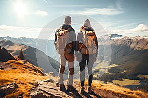 back, rear view of mature Couple. backpacker man and woman hikers on top of mountain, together enjoying climbing. friends with