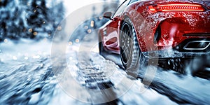 back rear wheel of a car on a snowy road in winter close up. Luxury red sports car rides on a highway in winter in