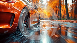 back rear wheel of fast moving car with motion blur on wet slippery asphalt close-up. Luxury sports car in nature in