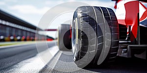 back rear wheel of Formula one racing car at start of race close-up