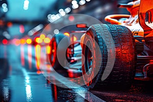 back rear wheel of red Formula one racing car at the evening start of race