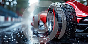 back rear wheel of red Formula one racing car at start of race in rain on wet slippery asphalt