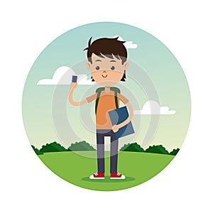 Back school boy smartphone student landscape background