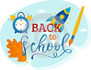 Back school concept alarm clock, pencil, rocket, autumn leaf. Educational illustration school