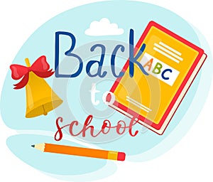 Back school concept book, pencil, bell. Educational vector drawing academic year start. School