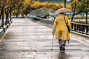 Back of senior woman in yellow coat and walking stick, umbrella, at rainy day. Generative AI