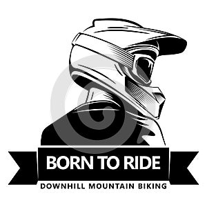 Back shot of man with full face motocross helmet. Extreme sport logo template. Place for text. Downhill Mountain Biking.