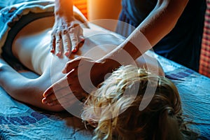 Back and shoulder massage close-up. Pain relief with massage. Young girl lies on special table during session of wellness massage