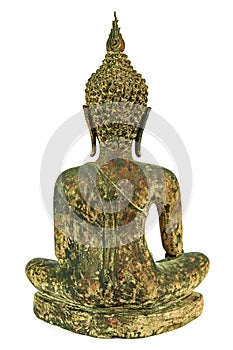 Back side of ancient Buddha metal statue isolated on white background