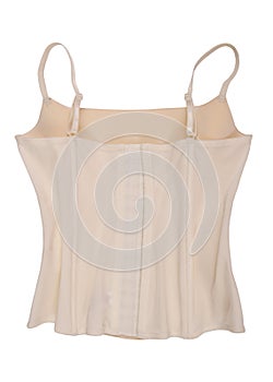 back side of body-colour corset, white corset, female underwear, backwards of beige korset, isolated white corselet