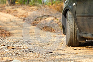 Back side of car parking on the Dirt road /mountain road/country road in Forest in Thailand.