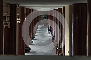 Back side of Chinese buddhist monk walking on pathway in Fo Guang San Temple