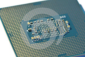 Back side of a CPU with connectors and chips