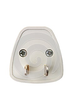 Back side of electric power plug on white background