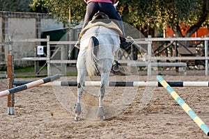 Back side of Girl riding a white horse jumping a guided obstacle during equestrian school training