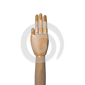 Back side of hand of wooden mannequin with open three fingers, isolated on white background