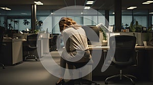 Back side of a hopeless woman sitting in an office area. Sad businesswoman