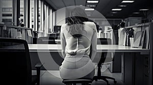 Back side of a hopeless woman sitting in an office area. Sad businesswoman