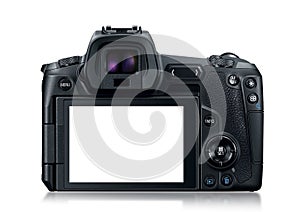 Back side of modern Canon mirrorless digital camera on a white background