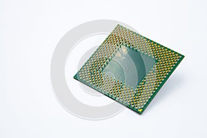Back side of personal computer CPU processor chip isolated on white background