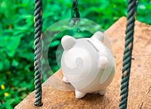 Back side Piggy bank on wooden swing in green grass background. saving money for future of children or education and chlid life