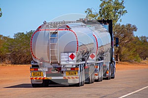 Back side of road train transporting gasoline in Australian Outback