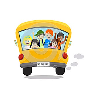 Back side school bus, student children on bus, multi ethnic friends at window, diversity kid education, vector illustration