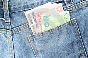 back side Texture of blue jeans with pockets money