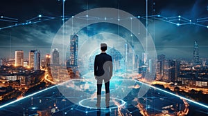 Back side view businessman on future network city, Success and research concept