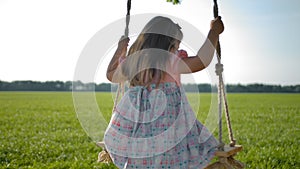 Back side view of a little long-haired girl, swinging on a roped swing in the field