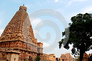 A back side view of the main tower with single stone doom-vimana-in the ancient Brihadisvara Temple in Thanjavur, india.