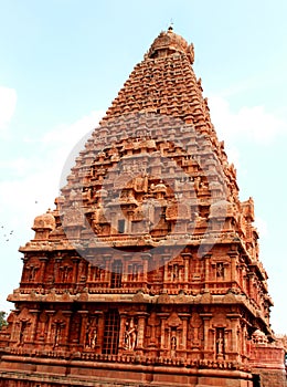 A back side view of the main tower with single stone doom-vimana-in the ancient Brihadisvara Temple in Thanjavur, india.