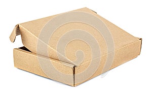 Back side view of open flat brown carton box isolated on white background