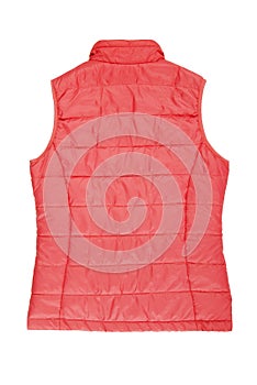 Back side of warm red waistcoat is on white background, isolated pink unisex sleeveless jacket, back view of vest, back part of