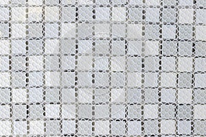 Back side of White, Grey and black ceramic mosaic wall tiles texture for bathroom, abstract background for copy space, top view